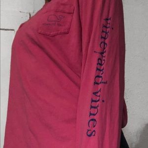Pink with blue lettering Vineyard vine shirt.